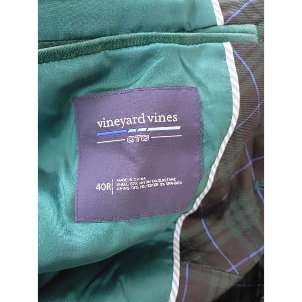 Vineyard Vines OTG Green Velvet Plaid Lapel‎ Performance Blazer Mens 40R